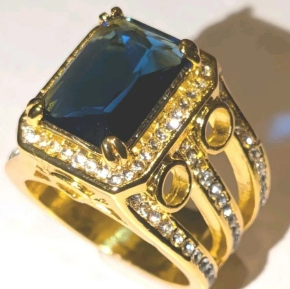 8ct Emerald Lab Created Blue Sapphire Mens Wedding Ring 14k Yellow Gold Plated11